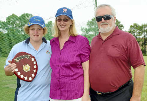 WORTHY WINNER OF A WORTHY AWARD: Todd Winsor (left) receives the Steven Lee Memorial Trophy for outstanding sportsmanship for his umpiring in season 2011 from Nerida and David Lee. SUBMITTED WORTHY WINNER OF A WORTHY AWARD: Todd Winsor (left) receives the Steven Lee Memorial Trophy for outstanding sportsmanship for his umpiring in season 2011 from Nerida and David Lee. SUBMITTED